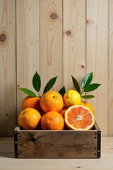A rustic wooden crate overflowing with vibrant citrus fruits, including juicy oranges, a zesty lemon, and a halved blood orange, showcasing the freshness and natural beauty of the harvest.
