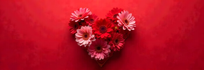 A minimalist red background featuring a large flower heart in the center, leaving plenty of blank space for text