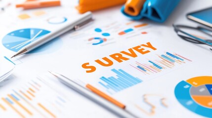 Comprehensive survey analysis office workspace data visualization professional environment close-up view insights and trends