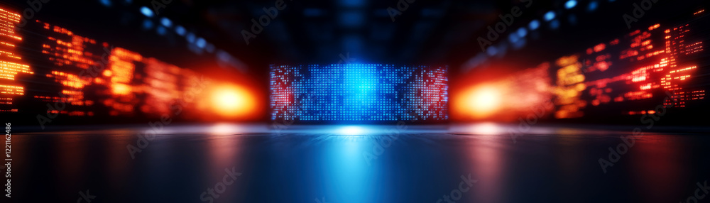 Poster dynamic survey event showcasing innovative technology modern conference hall digital display environ