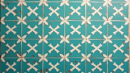 Fototapeta premium Intricate aqua and cream tile pattern moroccan style, perfect for backgrounds, textures, and design projects. Adds a touch of vintage charm