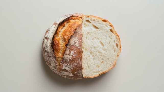 Half-sliced round rustic bread showing crusty exterior and soft interior