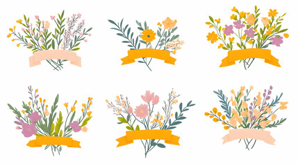 Six floral bouquets with ribbons; design elements; white background; for invitations