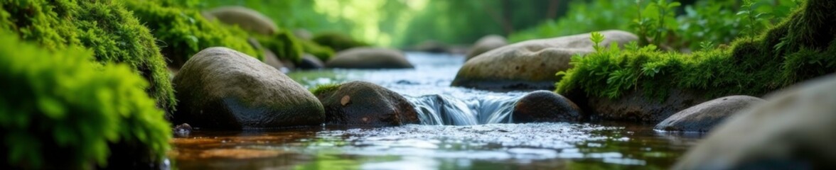 Gentle stream trickling over smooth rocks and moss, moss, stream, serenity
