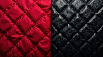 A striking contrast quilted crimson fabric alongside rich black leather, both showcasing a diamond pattern texture.