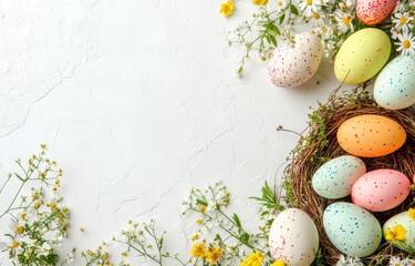 A wreath with colorful easter eggs and flowers on a white background