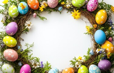 A wreath with colorful easter eggs and flowers on a white background