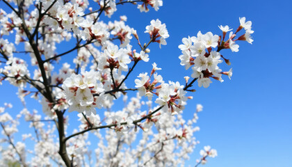 Obraz premium Close-up of blossoming cherry tree branches covered in white petals against a vibrant blue sky on a sunny day.