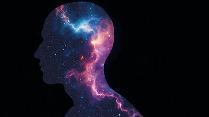 A silhouette profile of a man filled with galaxies.