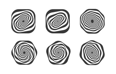Abstract wavy spiral designs set in black and white with optical illusion effects. Features distorted shapes in rounded and polygonal frames, ideal for logos, branding, and creative projects.