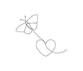 Butterfly and love sign. One continuous line drawing of heart. Symbol of Valentine day and romantic moment. Editable stroke. Doodle line illustration