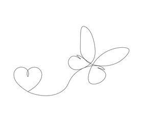 Butterfly and love sign. One continuous line drawing of heart. Symbol of Valentine day and romantic moment. Editable stroke. Doodle line illustration