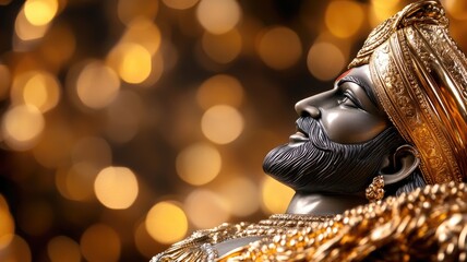 Fototapeta premium Close-up of traditional statue adorned with intricate gold ornaments against bokeh background