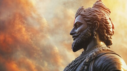 Bronze statue of bearded man with ornate headdress against dramatic sky