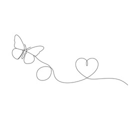 Butterfly and love sign. One continuous line drawing of heart. Symbol of Valentine day and romantic moment. Editable stroke. Doodle line illustration