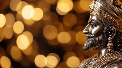 Fototapeta premium Detailed statue of royal figure in golden light bokeh background