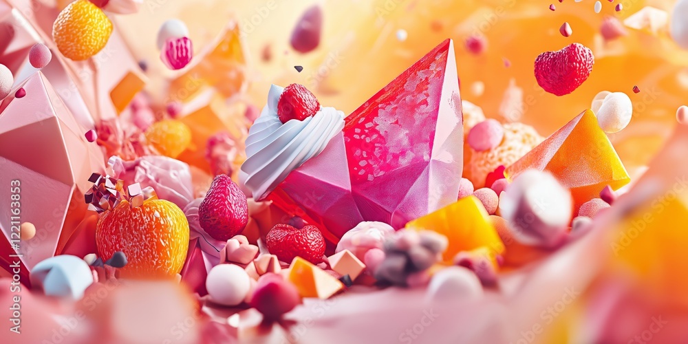 Poster abstract background with desserts and sweets and polygonal structures in multicolored tones, vibrant