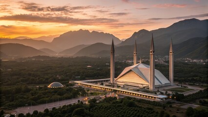 Aerial View of Faisal Mosque at Sunset Golden Hour Composition, Islamabad Landscape, Pakistan Architecture Pakistan, Mosque
