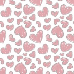 Seamless abstract geometric pattern. Simple background in pink, beige, white colors. Hearts. Digital texture. Illustration. Design for textile fabrics, wrapping paper, background, wallpaper, cover.