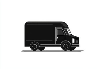 A black delivery truck is driving steadily on a plain white background