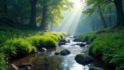 Obraz premium Gentle stream weaves through misty forest meadow, rocks, peaceful