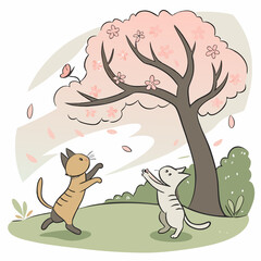 Cats playing under a cherry blossom tree vector illustration