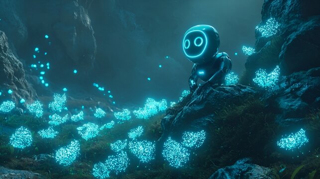 Robot watching glowing creatures in cave