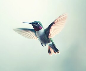 Fototapeta premium A hummingbird is gracefully flying in the air with its wings open