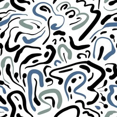 Seamless abstract geometric pattern. Background in black, green, blue, white. Illustration. Lines, meanders. Design for textile fabrics, wrapping paper, background, wallpaper, cover.