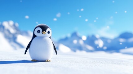 Adorable Penguin in Snowy Landscape - Cute cartoon penguin standing on snow, mountains in background, bright day.