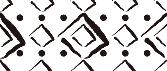 Seamless abstract geometric pattern. Black, white texture. Squares, rhombuses, dots. Digital brush stroke. Design for textile fabrics, wrapping paper, background, wallpaper, cover.