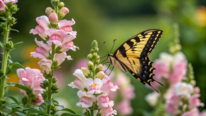 Obraz premium Eastern Tiger Swallowtail Butterfly on Snapdragon Flowers Macro Photography, Close-up Composition, Nature, Wildlife Butterfly, Snapdragon