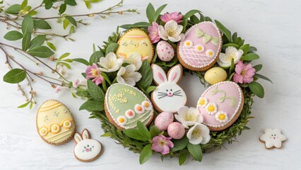 Easter Egg and Bunny Cookies Wreath Spring Floral Arrangement, Gingerbread Cookies, Pastel Colors. Easter, Spring Baking Easter, Spring