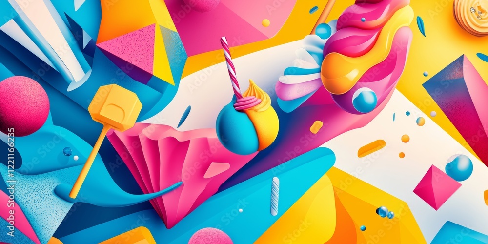 Poster abstract background with desserts and sweets and geometric patterns in vibrant multicolor tones, sha