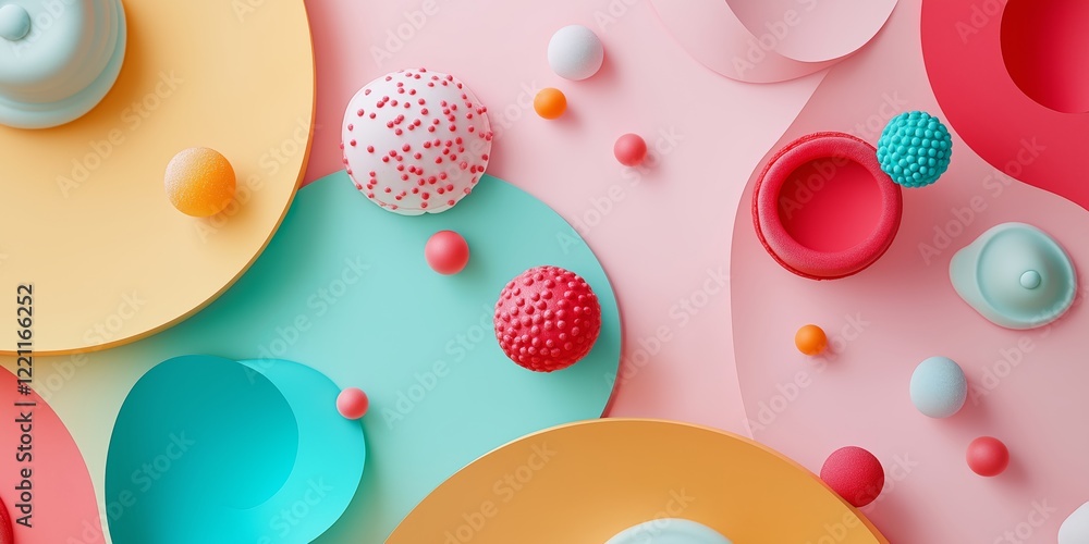 Poster abstract background with desserts and sweets and abstract shapes with precise geometry.