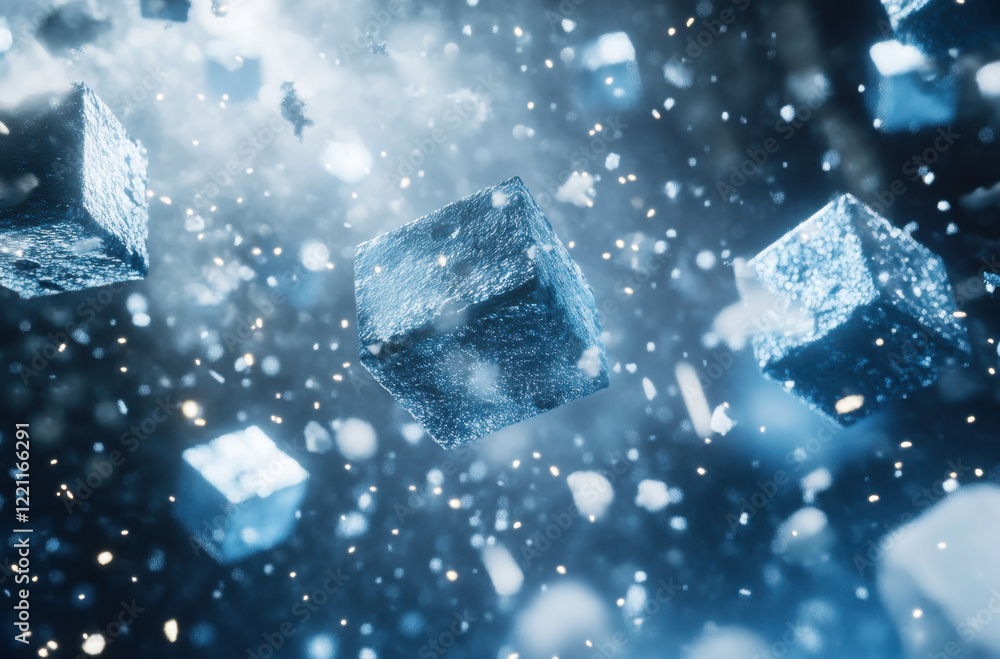 Aufkleber floating blue cubes in motion create a mesmerizing abstract scene with a dynamic sense of depth