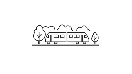 Minimalist train illustration, simplistic design, tree silhouettes, line art, transportation theme, copy space
