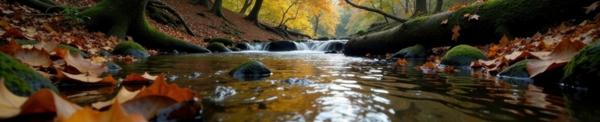 Gentle stream with fallen leaves and branches, Forest, Water