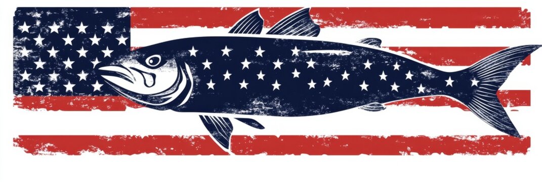 American Fish Design - Patriotically designed fish graphic, perfect for apparel, websites, or marketing materials. Features a fish overlaid on a distressed American flag.