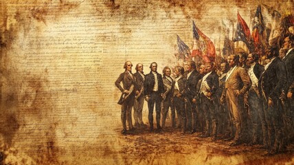 Vintage depiction of historical US figures with American flag, Constitution text background