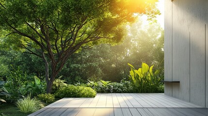 terrace between glass wall and green garden, 3d rendering, decorated with tree in tropical style, sunlight on concrete wall.