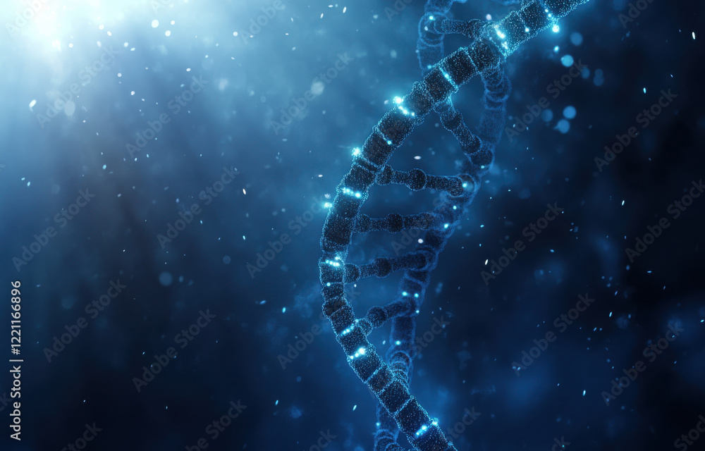 Poster digital representation of dna structure against a blue background with shimmering light effects