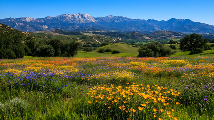 Wildflower meadow, mountain backdrop, sunny day, landscape photography
