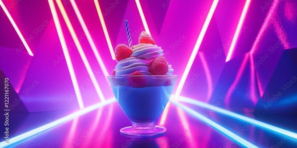 Aufkleber abstract background with desserts and sweets and futuristic neon lights with sharp geometric forms.
