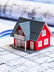Architectural House Model Blueprint - A red house model sits atop architectural blueprints, symbolizing home building, design, planning, construction, and real estate.
