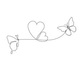 Two butterfly and love sign. One continuous line drawing of heart. Symbol of Valentine day and romantic moment. Editable stroke. Doodle line illustration