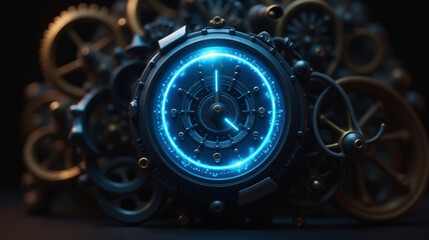 a close-up of a futuristic mechanical watch face with a glowing blue circular design