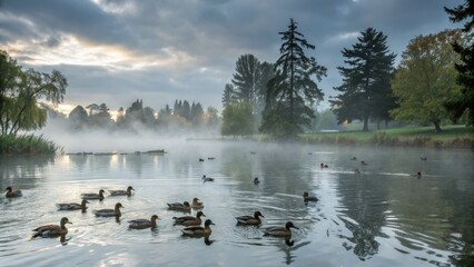 Naklejka premium Misty Dawn Ducks Landscape Photography Composition, Ducks on Foggy Lake at Sunrise, Nature Scene Keywords Ducks, Landscape