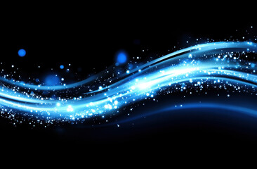 Glowing blue wave of digital data reflecting movement and energy in a dark background