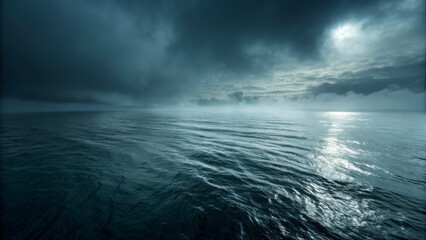 Fototapeta premium Moody Seascape Dark Clouds over Calm Ocean, Wide Shot, Dramatic Lighting, Seascape Photography Seascape, Ocean Photography